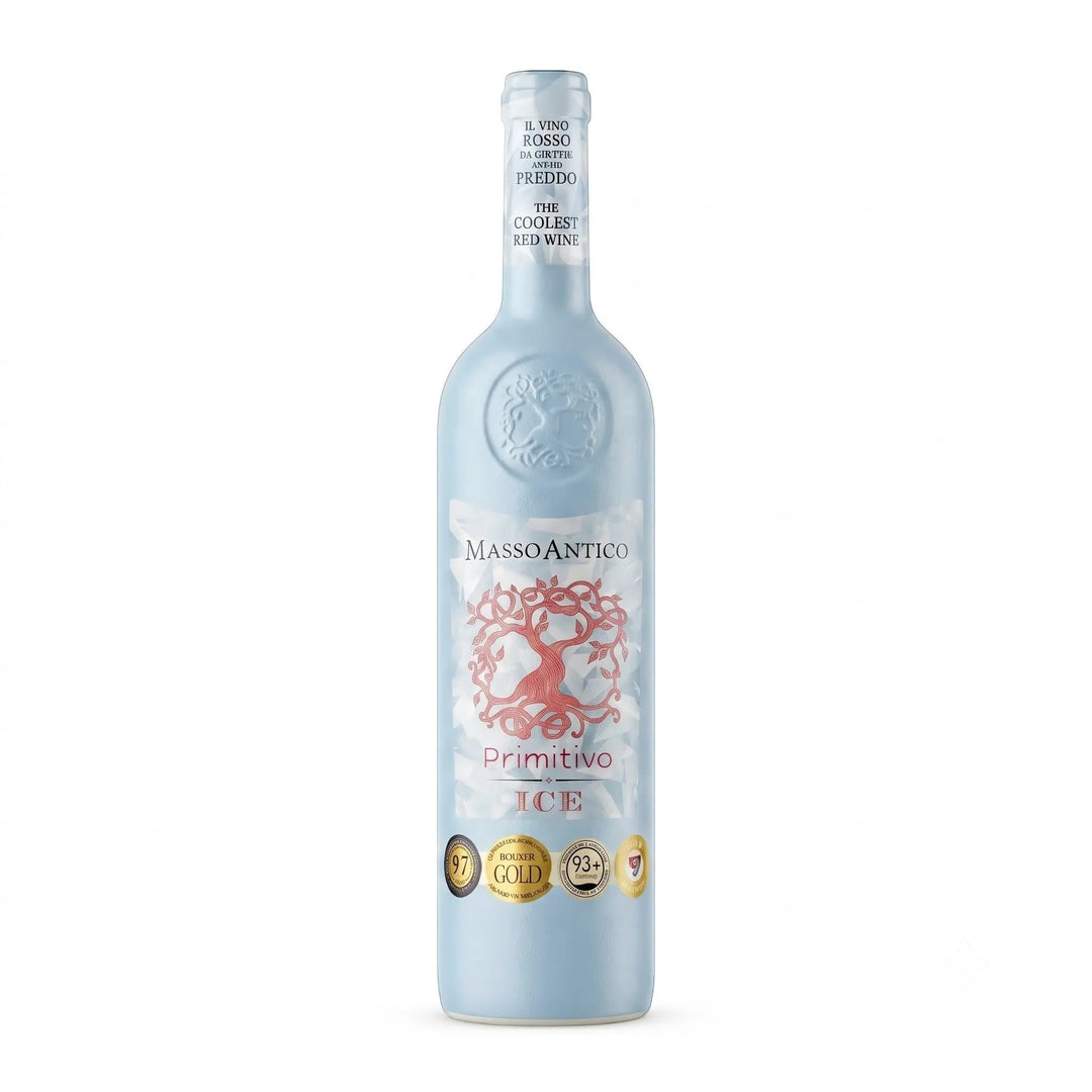Delikatesi i tako to... Masso Antico Primitivo Ice red wine bottle with a temperature-sensitive label in light blue.