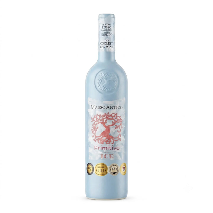 Delikatesi i tako to... Masso Antico Primitivo Ice red wine bottle with a temperature-sensitive label in light blue.