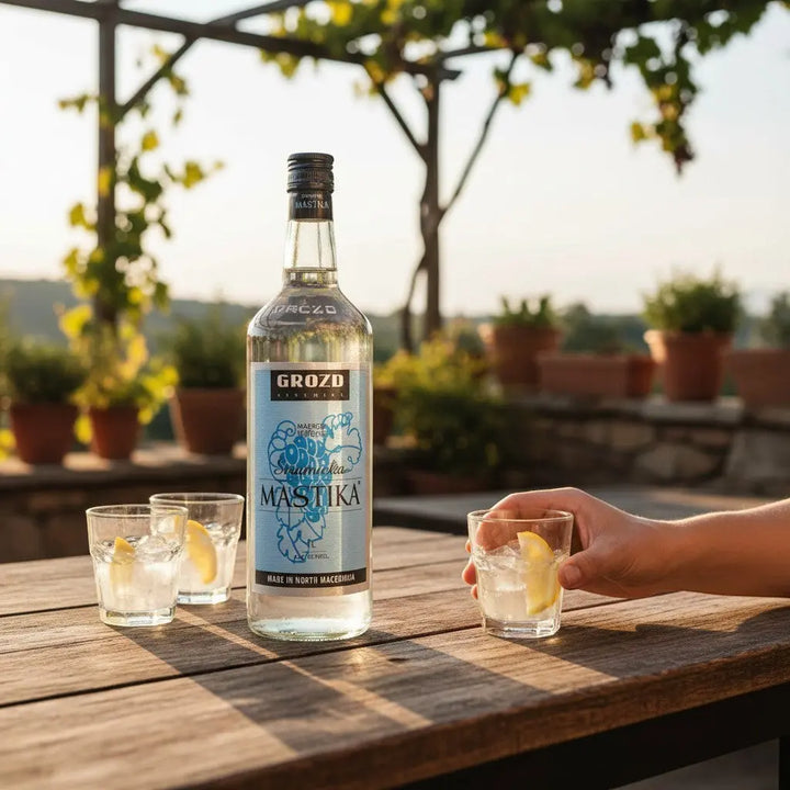 Delikatesi i tako to... MASTIKA STRUMIČKA 1l bottle on a wooden table with glasses of mastika and lemon slices
