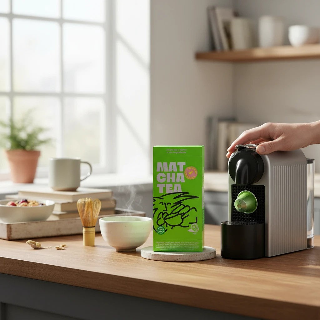 Delikatesi i tako to... matcha tea capsules in a green box next to a Nespresso machine and a matcha bowl.