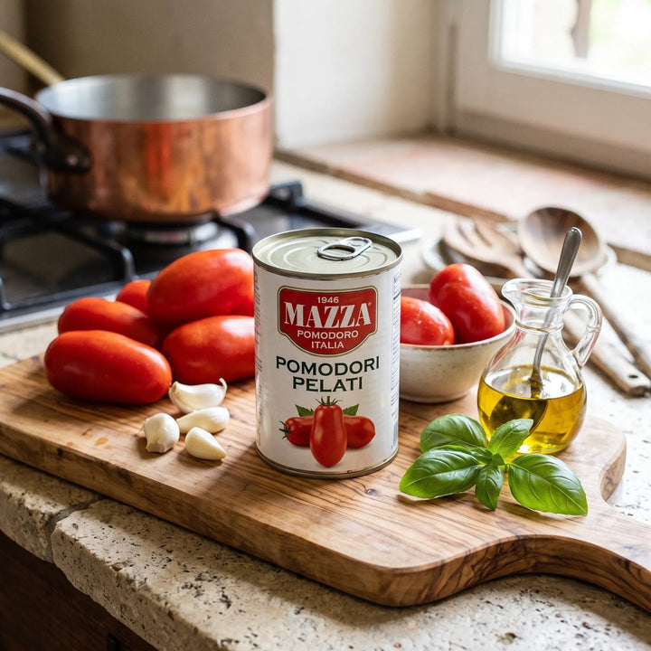Delikatesi i tako to... Mazza canned peeled tomatoes on a wooden cutting board with fresh tomatoes, garlic, and basil.