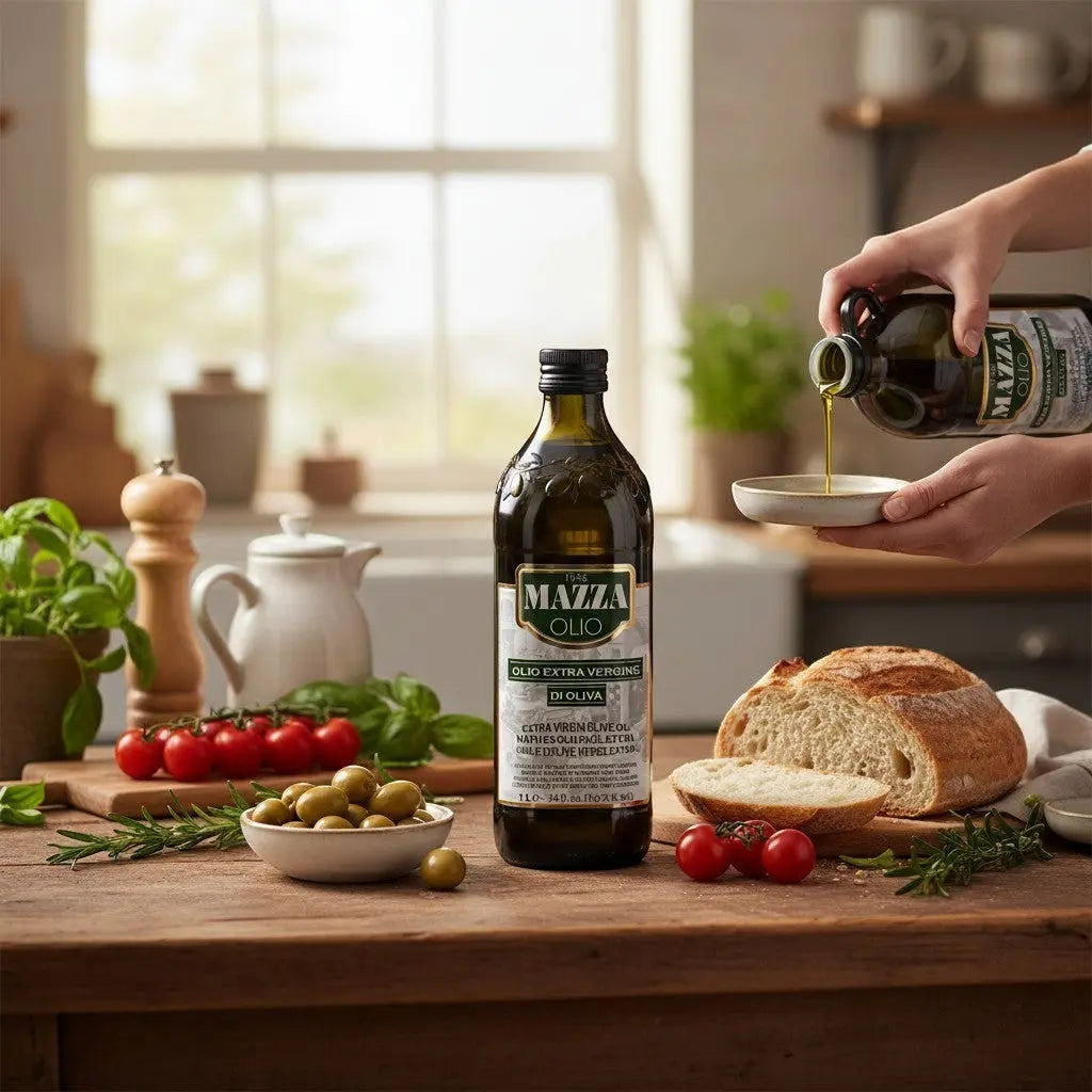 Delikatesi i tako to... Mazza extra virgin olive oil bottle on a rustic kitchen table with bread and fresh ingredients