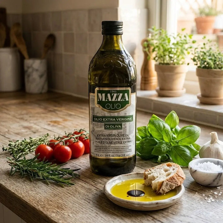 Delikatesi i tako to... Mazza extra virgin olive oil 1L bottle on a rustic kitchen counter with fresh ingredients.