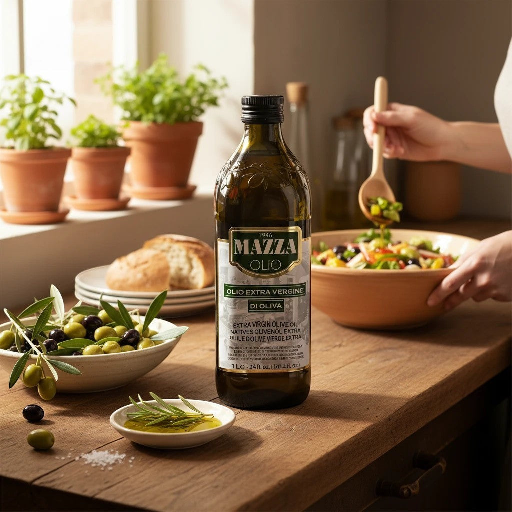 Delikatesi i tako to... Mazza extra virgin olive oil bottle on a rustic kitchen counter with fresh salad and olives.