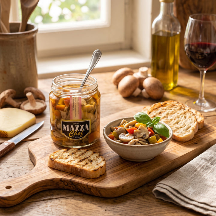 Delikatesi i tako to... Mazza mixed mushrooms in oil served in a bowl with toasted bread on a wooden board