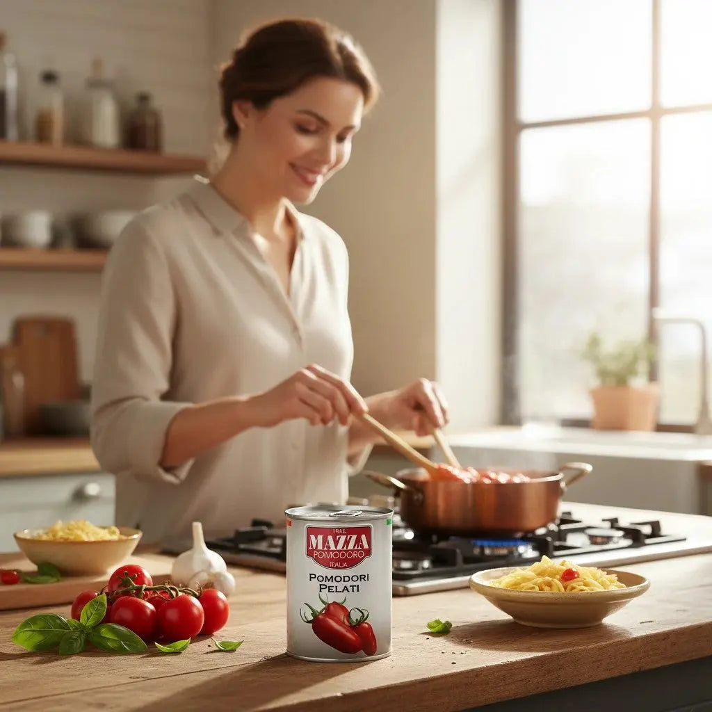 Delikatesi i tako to... Mazza peeled tomatoes can on a kitchen counter with a woman cooking pasta in the background