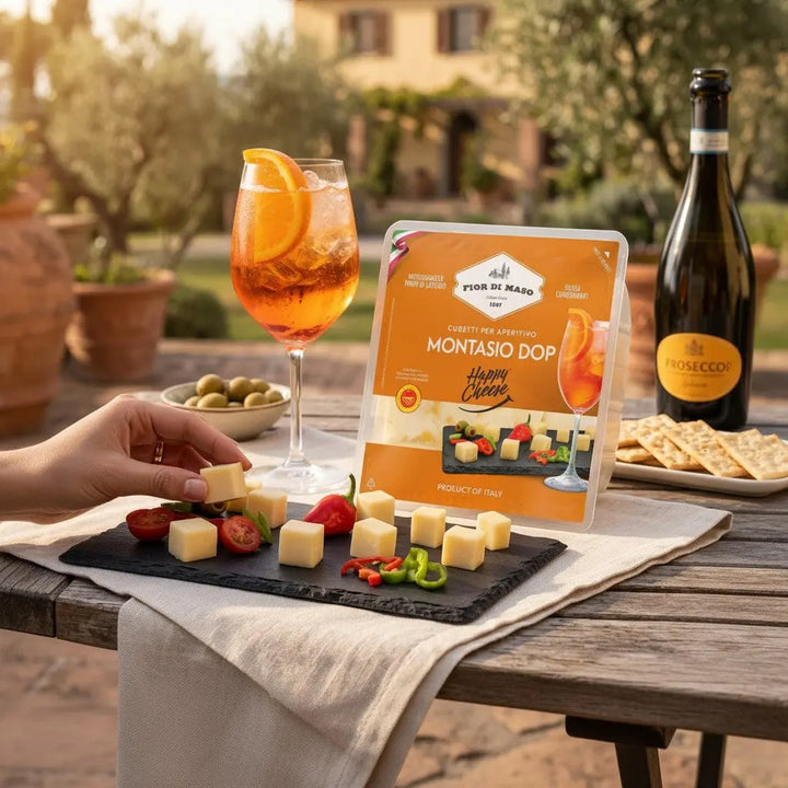 Delikatesi i tako to... Fior di Maso Montasio DOP cheese cubes served on a slate board with tomatoes and Prosecco