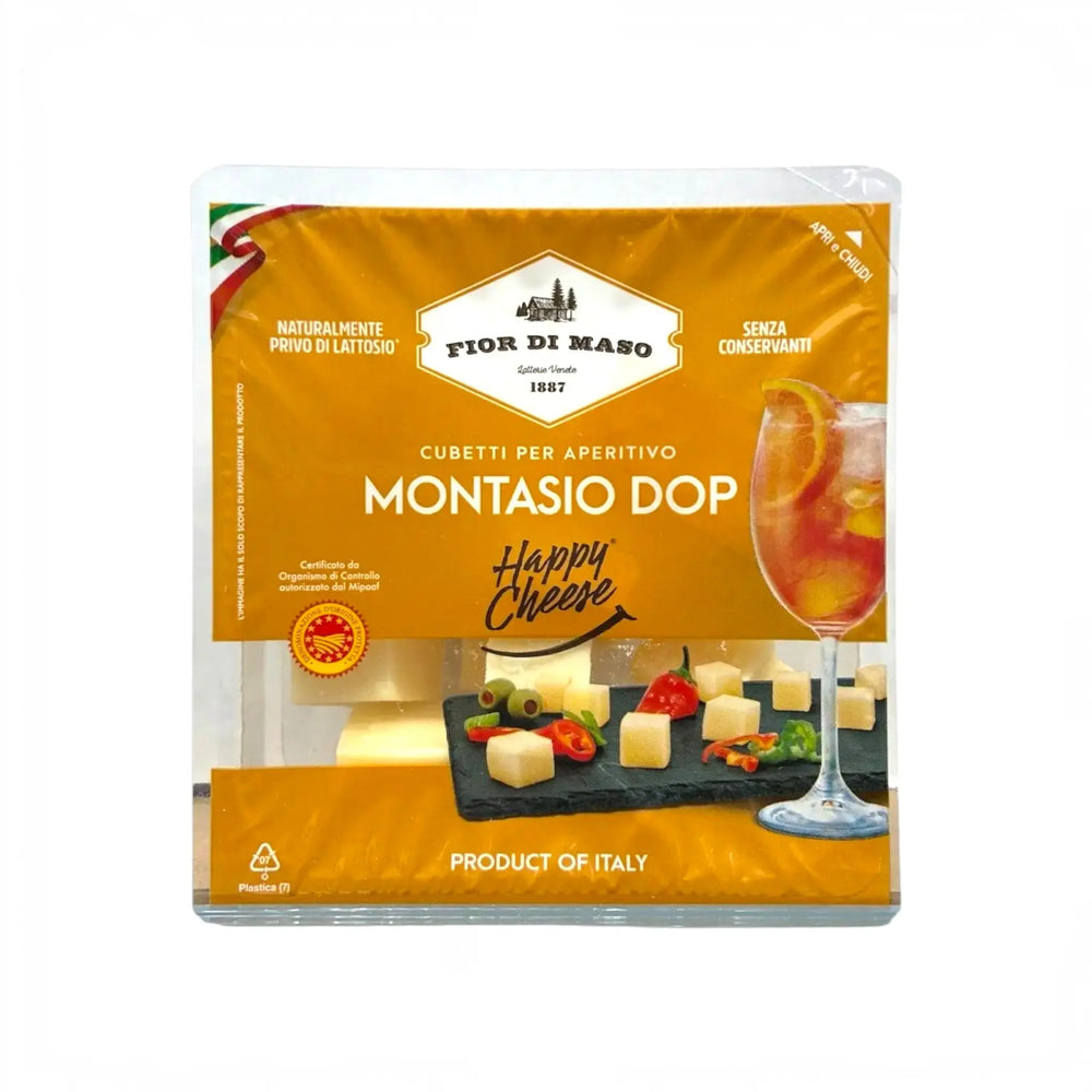 Delikatesi i tako to... Fior di Maso Montasio DOP cheese cubes in 150g resealable packaging for appetizers.