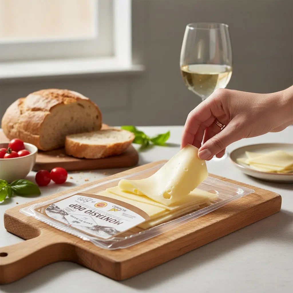 Delikatesi i tako to... Montasio DOP cheese slices being lifted from a plastic tray on a wooden cutting board