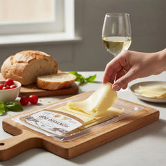Delikatesi i tako to... Montasio DOP cheese slices being lifted from a plastic tray on a wooden cutting board