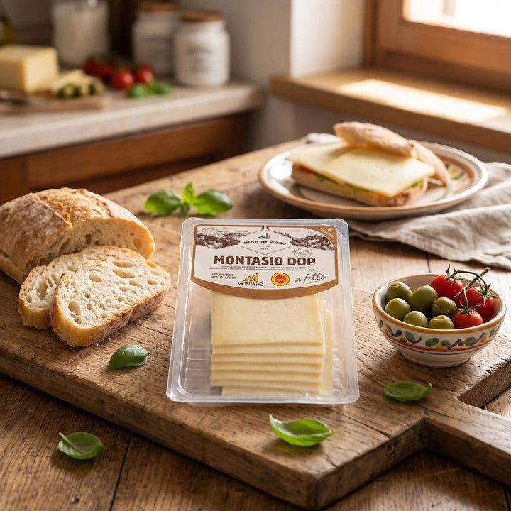 Delikatesi i tako to... Fior di Maso Montasio DOP cheese slices in plastic packaging on a rustic wooden board