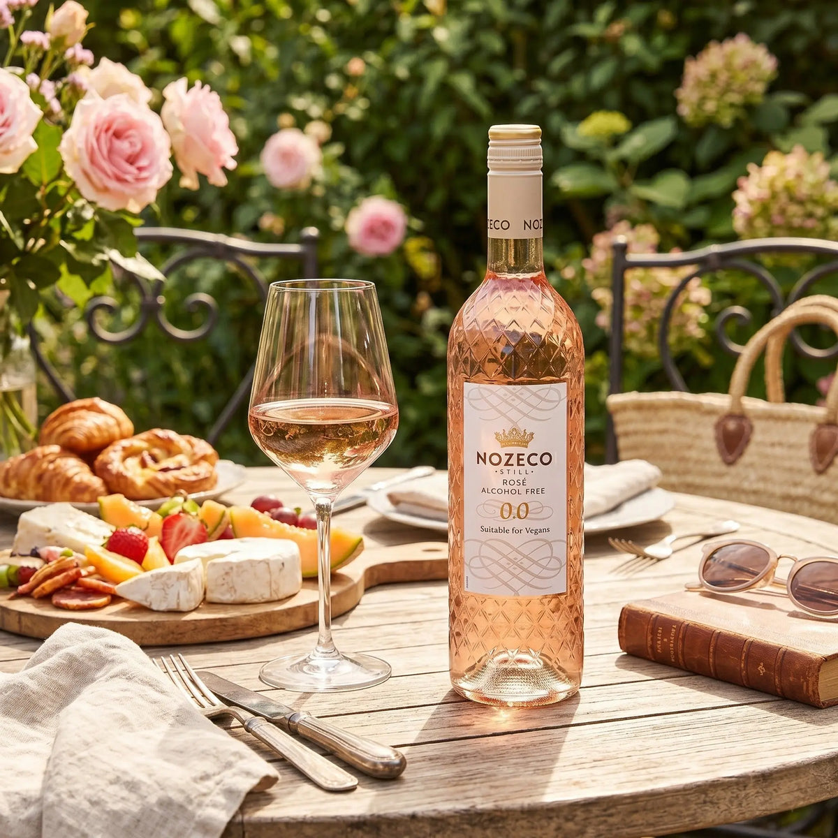 Delikatesi i tako to... Nozeco alcohol-free rose wine bottle and glass on a garden table with cheese and fruit.