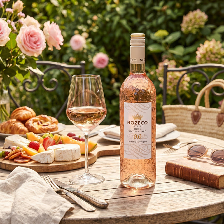 Delikatesi i tako to... Nozeco alcohol-free rose wine bottle and glass on a garden table with cheese and fruit.