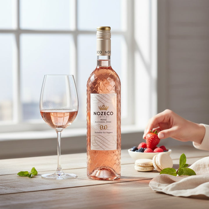 Delikatesi i tako to... Nozeco alcohol-free rose wine bottle with a glass, strawberries, and macarons on a table.