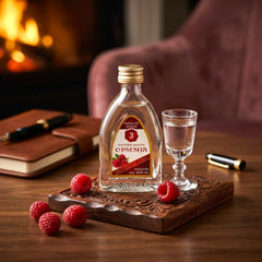 Delikatesi i tako to... Opsesija Zarić raspberry brandy in a 0.03l miniature bottle with a glass and fresh raspberries.
