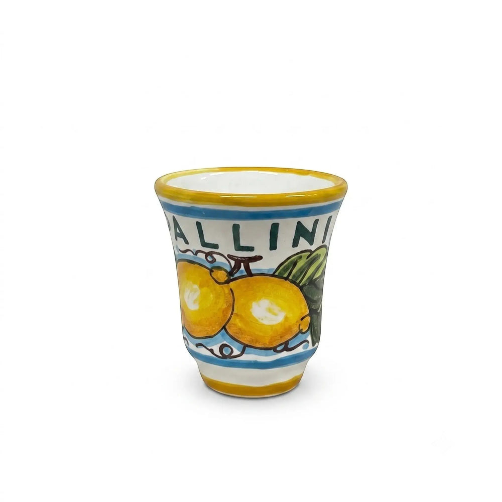 Delikatesi i tako to... Pallini ceramic shot glass with hand-painted yellow lemons and blue striped rim