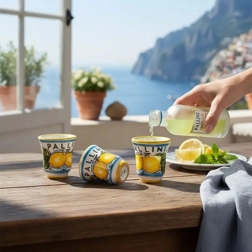 Delikatesi i tako to... Pallini ceramic shot glasses with lemon print being filled with limoncello on a wooden table