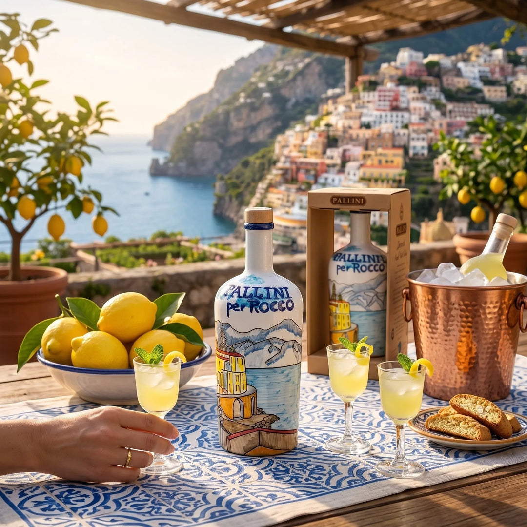 Delikatesi i tako to... Pallini Limoncello bottle with Amalfi coast illustration, served with glasses and lemons.