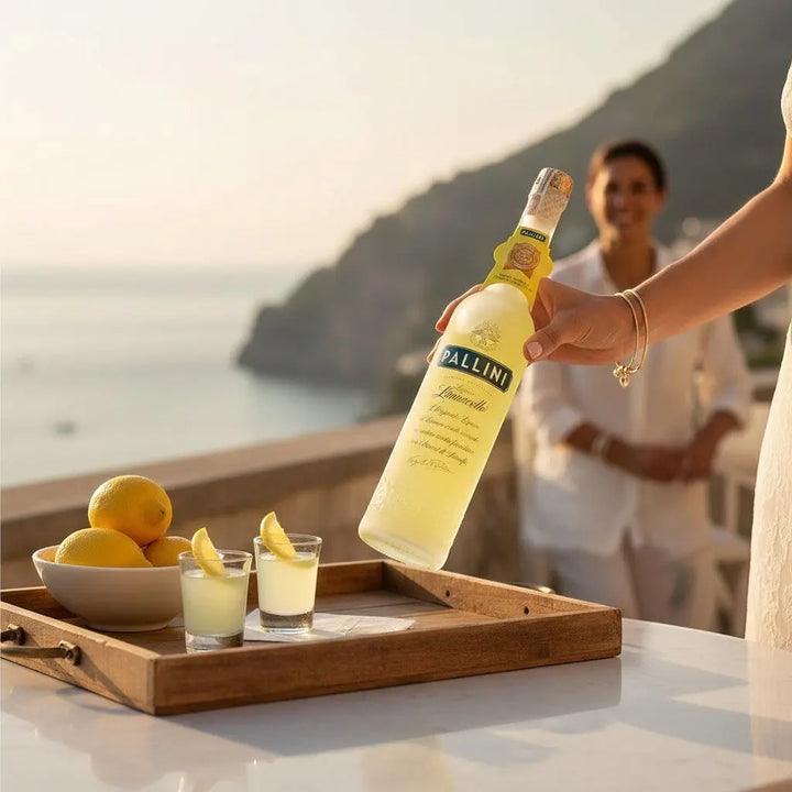 Delikatesi i tako to... Pallini Limoncello bottle held over a wooden tray with lemon shots on an Amalfi coast terrace