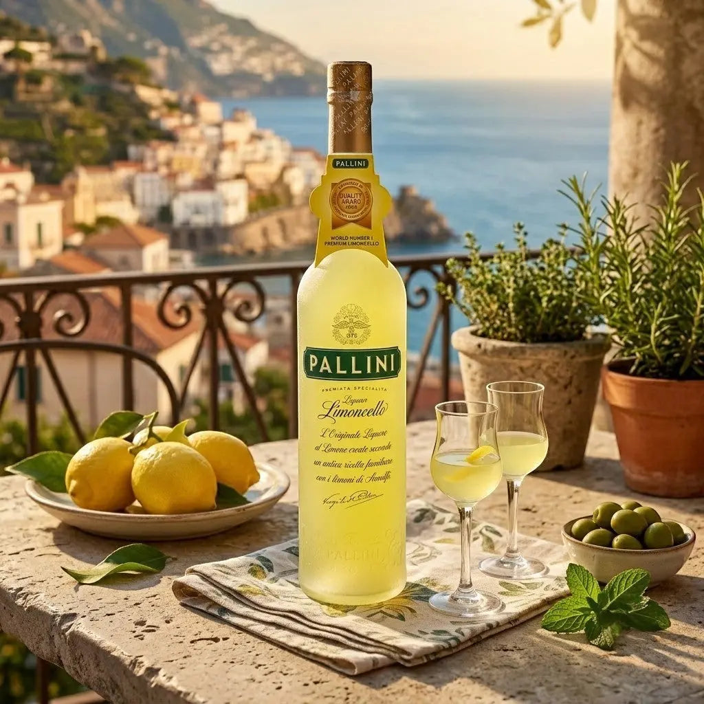 Delikatesi i tako to... Pallini Limoncello bottle with fresh lemons and glasses on an Amalfi coast terrace