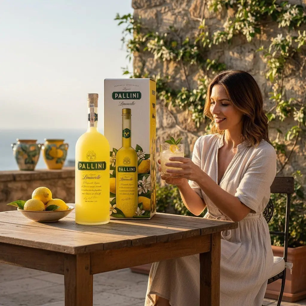 Delikatesi i tako to... Pallini Limoncello bottle and gift box on a table with a woman enjoying a citrus cocktail