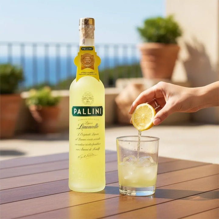 Delikatesi i tako to... Pallini Limoncello bottle next to a glass with ice being garnished with a fresh lemon slice