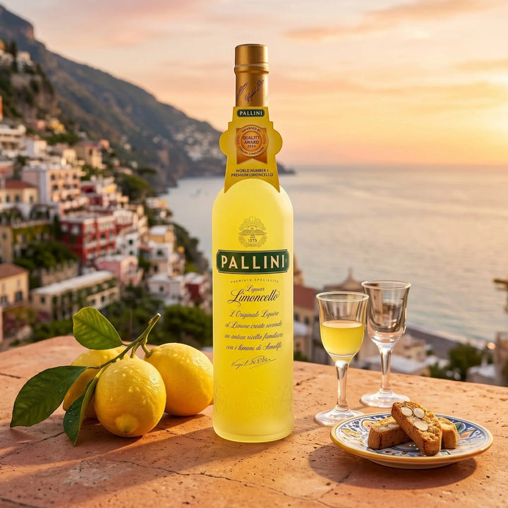 Delikatesi i tako to... Pallini Limoncello bottle with fresh lemons and biscotti on an Amalfi coast terrace at sunset