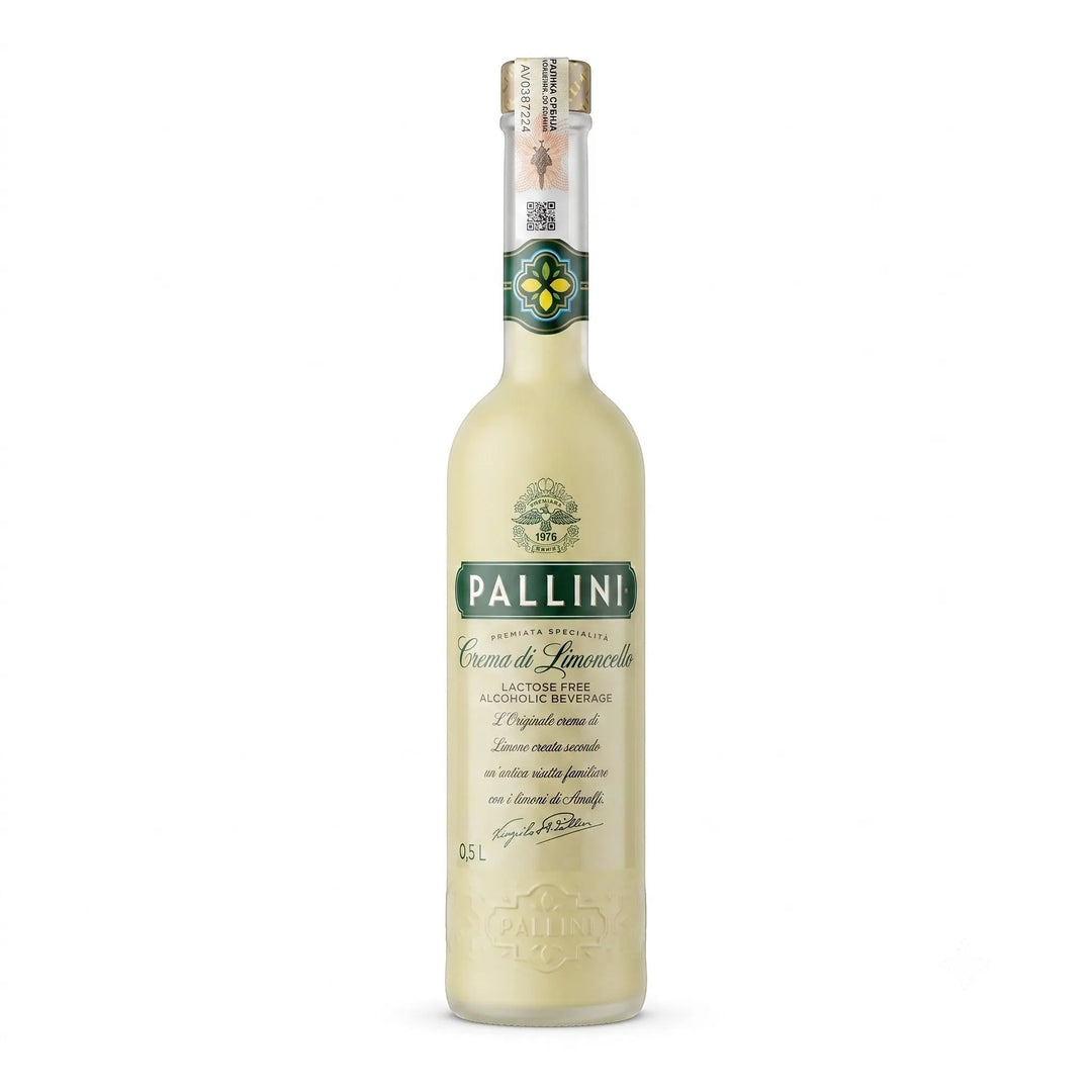 Delikatesi i tako to... Pallini vegan Limoncello cream liqueur in a 0.5L glass bottle with Italian lemon branding.