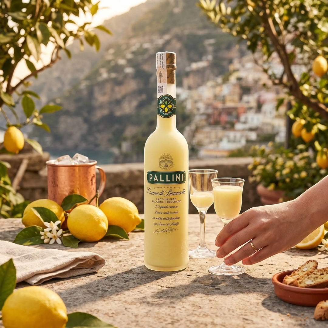 Delikatesi i tako to... Pallini vegan limoncello cream liqueur bottle with glasses on a sunny Italian terrace