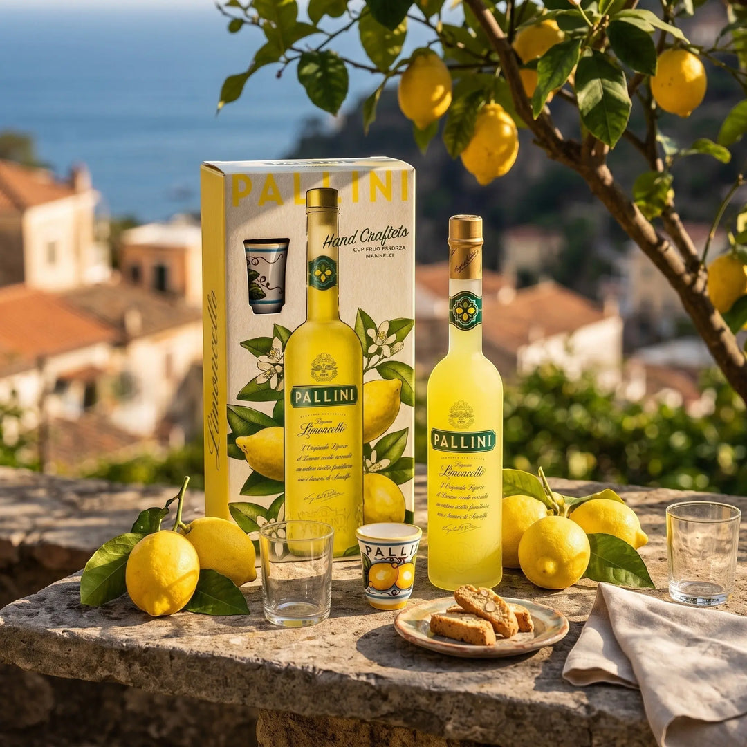 Delikatesi i tako to... Pallini Limoncello gift box with bottle, branded glass, and fresh lemons on a stone terrace.