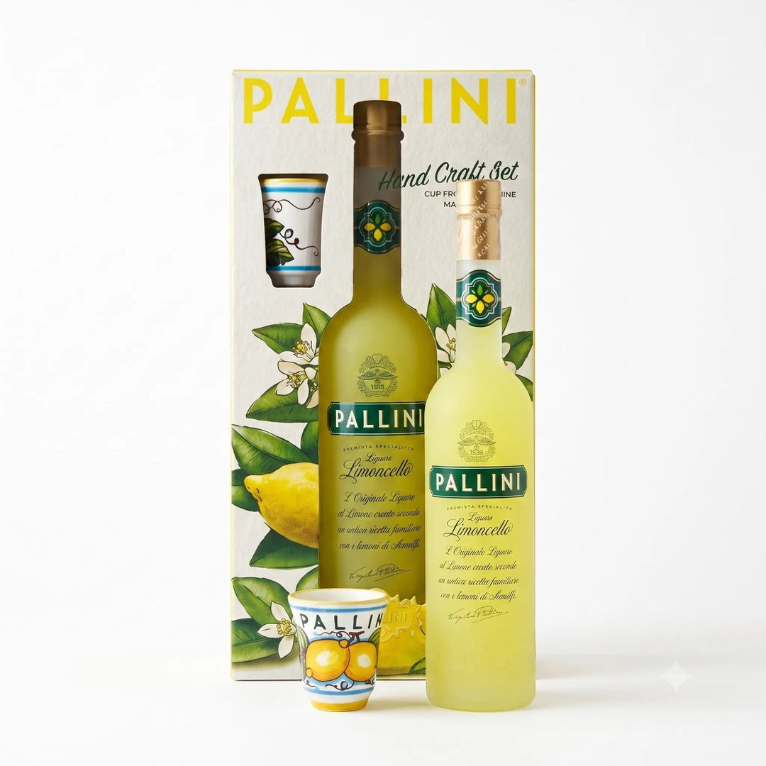 Delikatesi i tako to... Pallini Limoncello gift set with 0.5l bottle and decorative ceramic shot glass in box