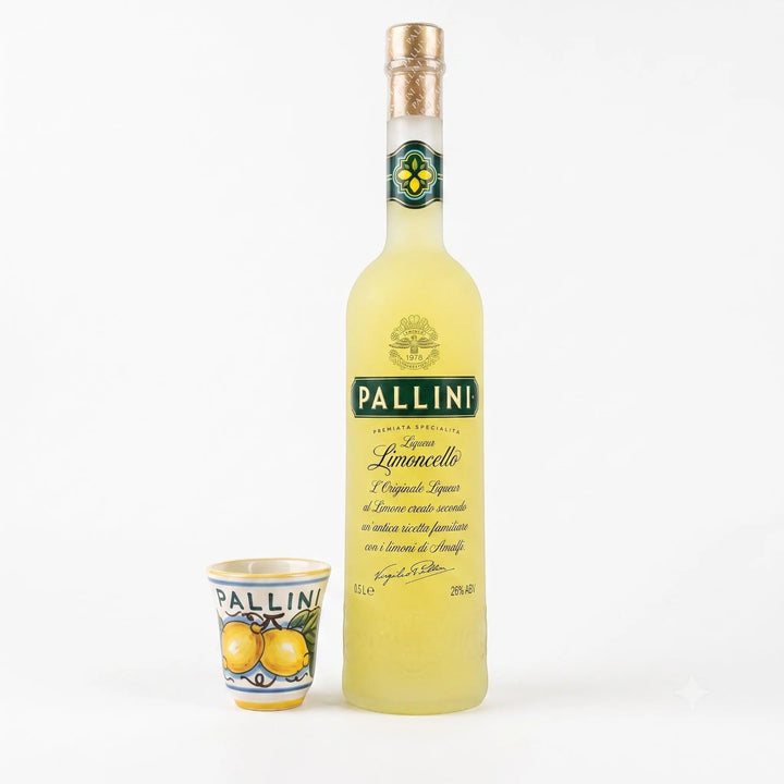 Delikatesi i tako to... Pallini Limoncello 0.5L bottle with a decorative ceramic shot glass featuring lemon motifs