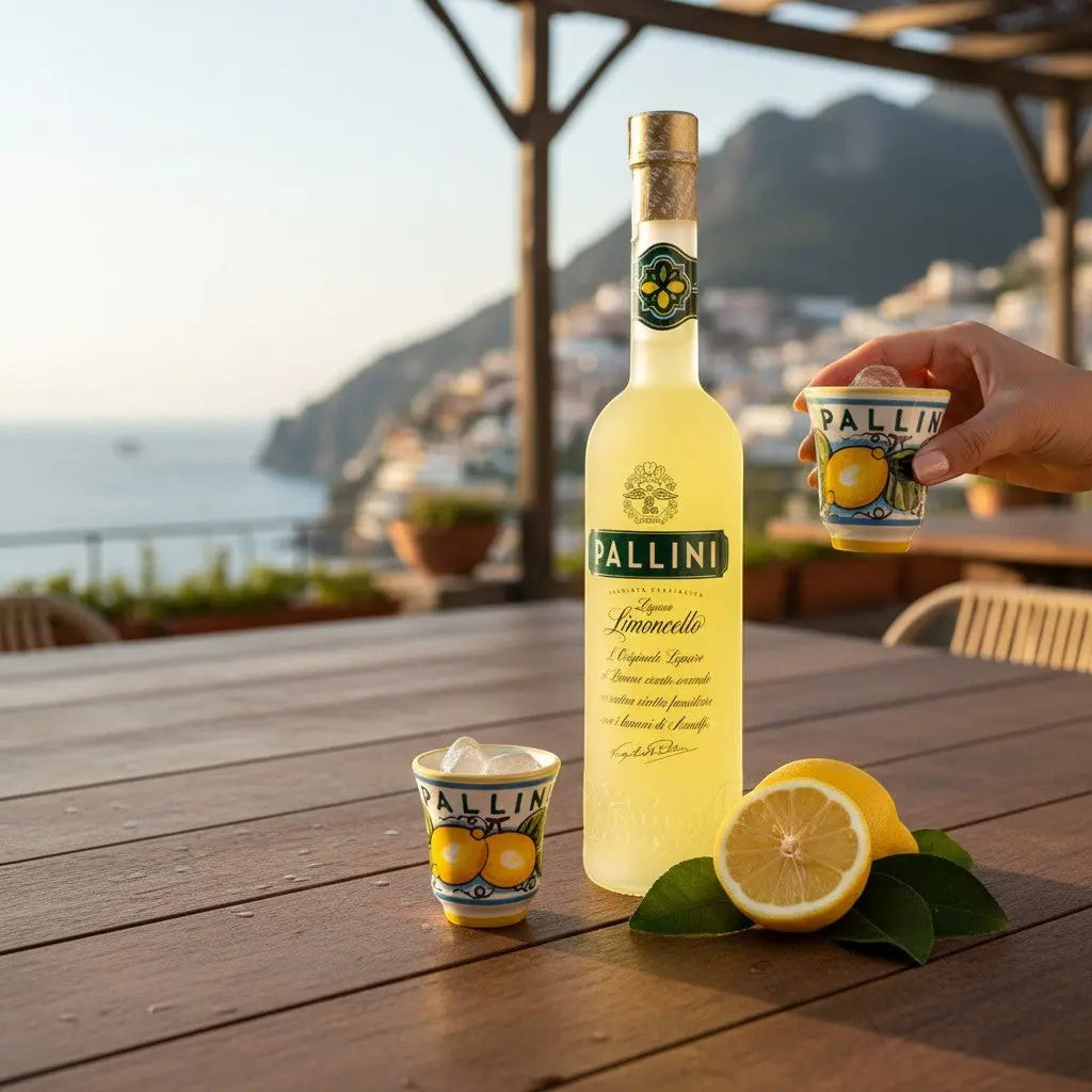 Delikatesi i tako to... Pallini Limoncello bottle with two hand-painted ceramic shot glasses and fresh lemons.