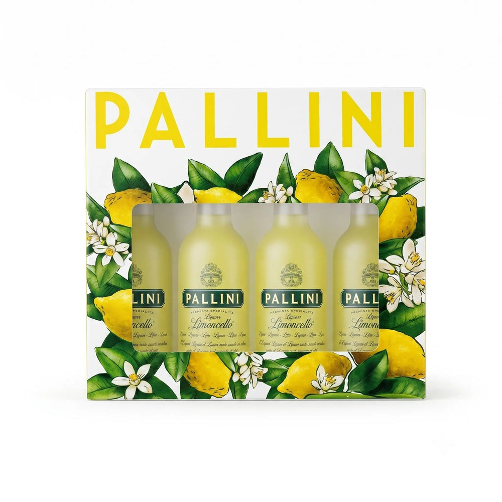 Delikatesi i tako to... Pallini Limoncello mini gift pack featuring four 50ml bottles with lemon botanical artwork.
