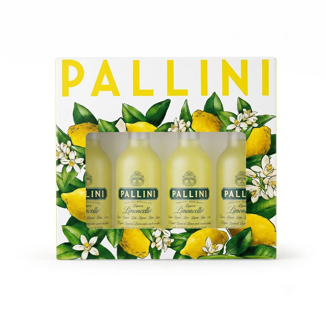 Delikatesi i tako to... Pallini Limoncello mini gift pack featuring four 50ml bottles with lemon botanical artwork.