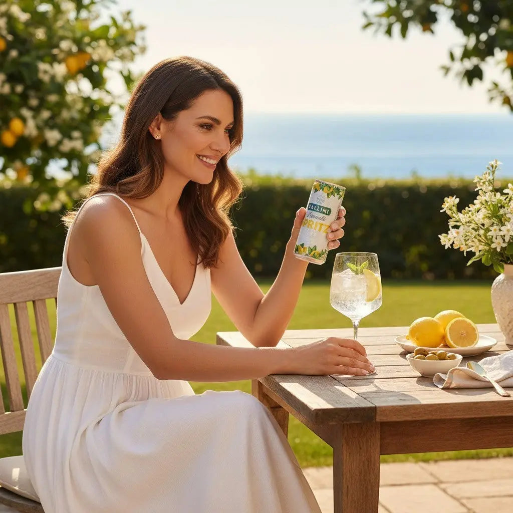 Delikatesi i tako to... Pallini Limoncello Spritz can held by a woman in a white dress at an outdoor seaside table.