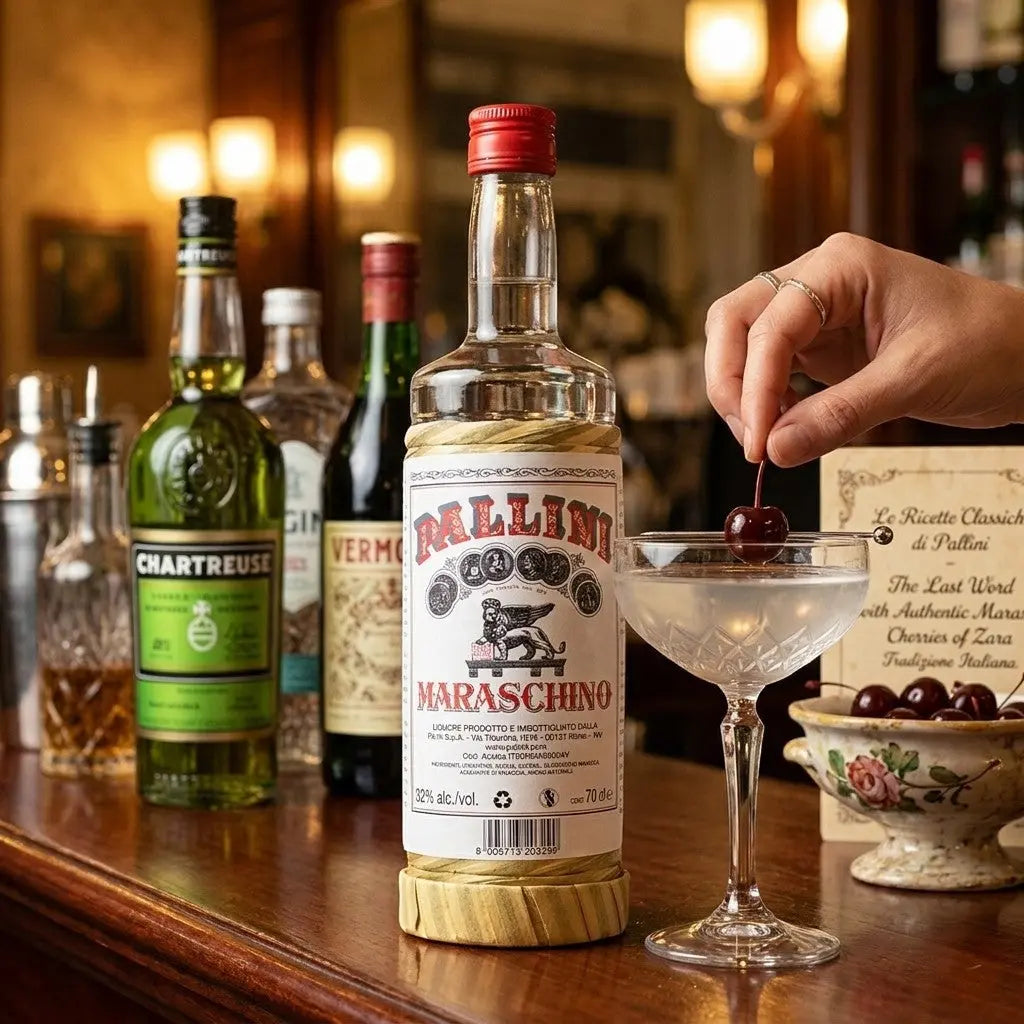 Delikatesi i tako to... Pallini Maraschino liqueur bottle on a wooden bar next to a cocktail with a cherry garnish