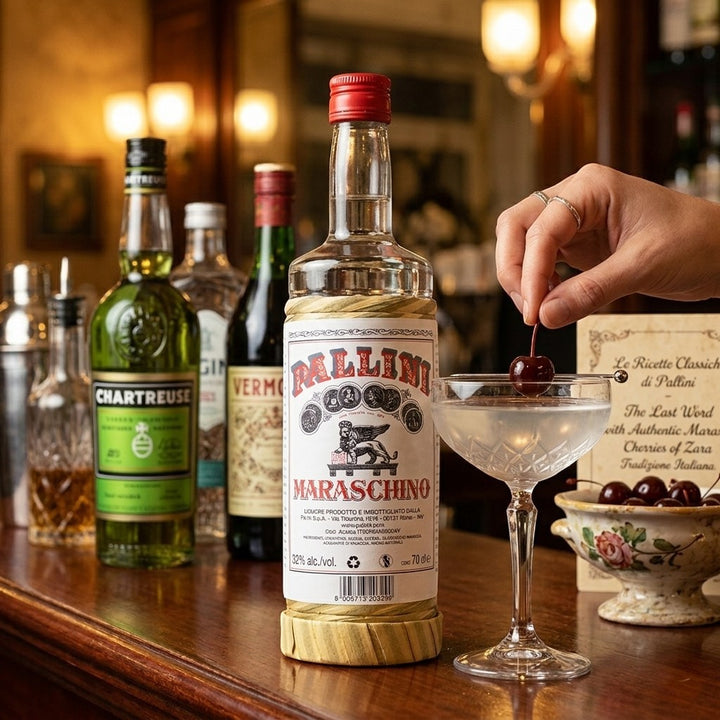 Delikatesi i tako to... Pallini Maraschino liqueur bottle on a wooden bar next to a cocktail with a cherry garnish