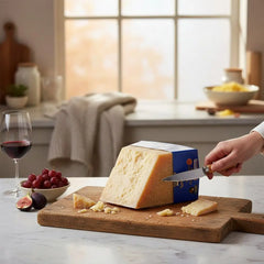 Delikatesi i tako to... Parmigiano Reggiano cheese wedge being sliced on a wooden board with grapes and red wine