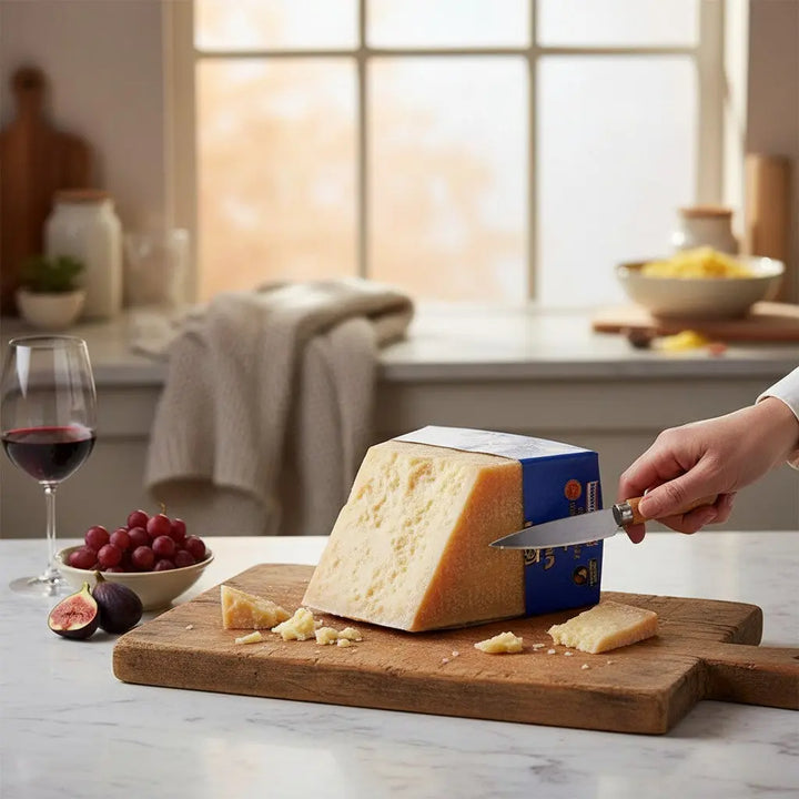 Delikatesi i tako to... Parmigiano Reggiano cheese wedge being sliced on a wooden board with grapes and red wine