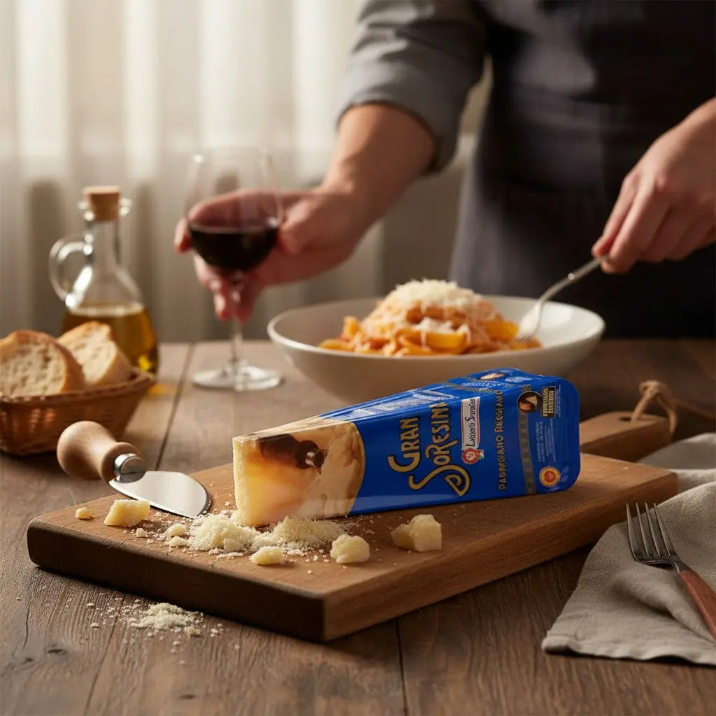 Delikatesi i tako to... Parmigiano Reggiano cheese wedge on a wooden board with a cheese knife and pasta in the background