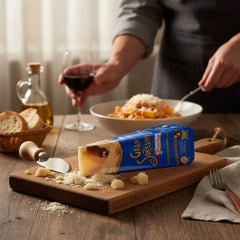 Delikatesi i tako to... Parmigiano Reggiano cheese wedge on a wooden board with a cheese knife and pasta in the background