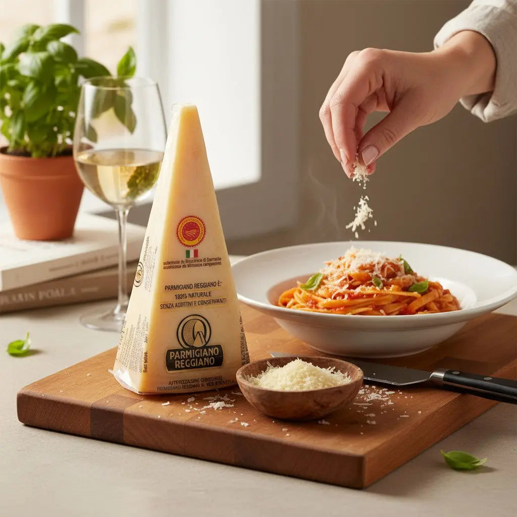 Delikatesi i tako to... 24-month aged Parmigiano Reggiano wedge with grated cheese sprinkled over pasta on a board