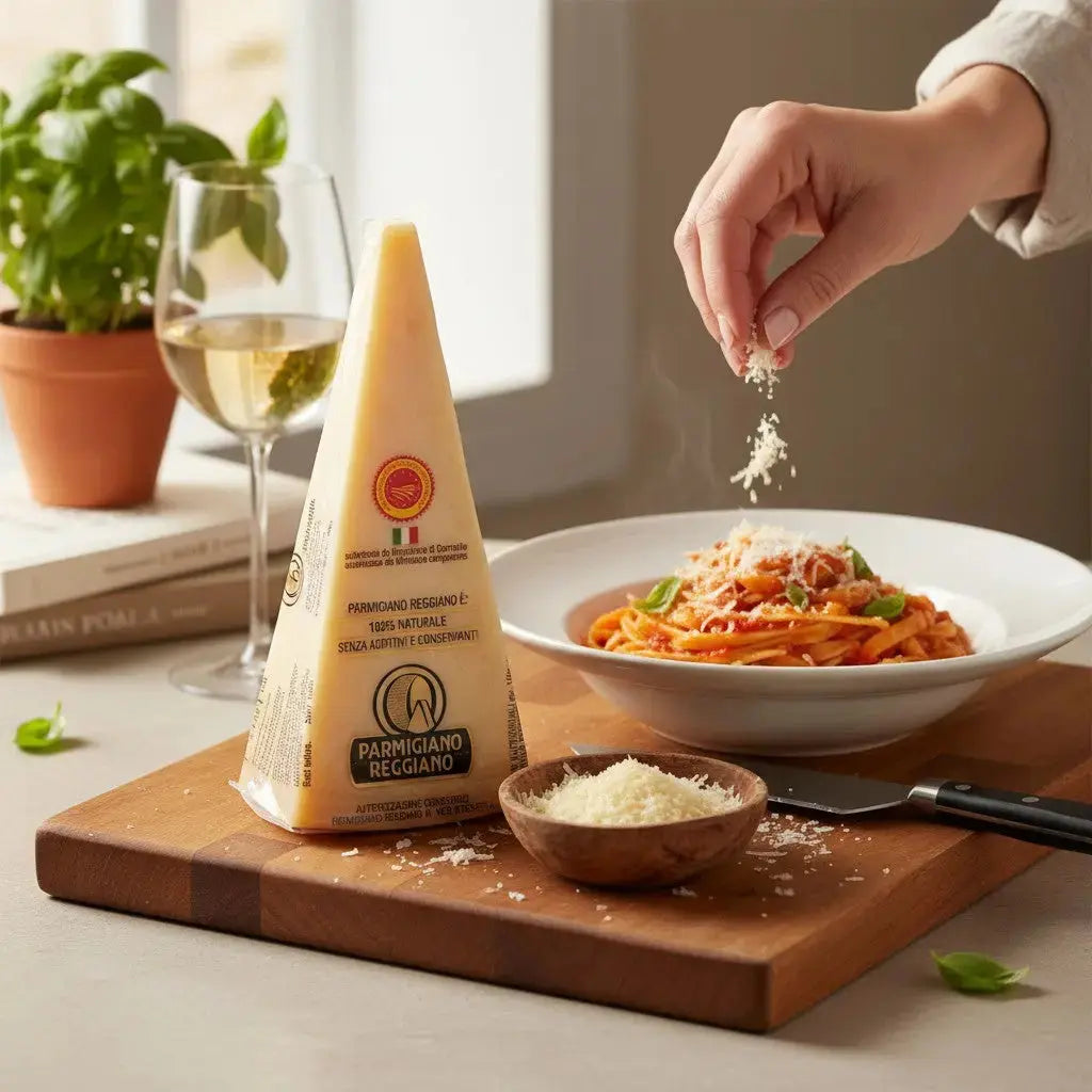 Delikatesi i tako to... 24-month aged Parmigiano Reggiano wedge with grated cheese sprinkled over pasta on a board