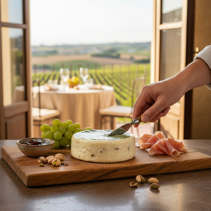 Delikatesi i tako to... Pecorino sheep cheese with pistachios served on a wooden board with prosciutto and grapes.