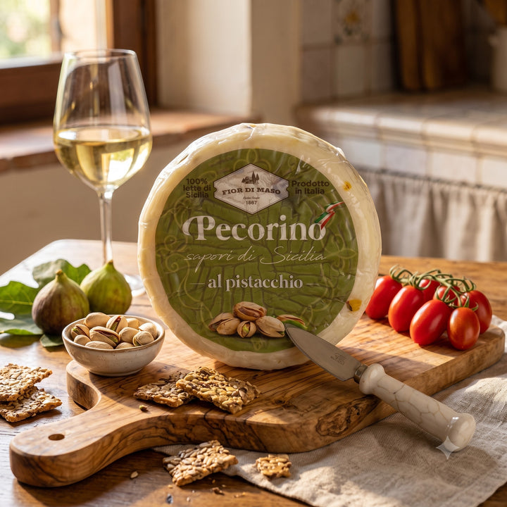 Delikatesi i tako to... Fior di Maso Pecorino sheep cheese with pistachios on a wooden board with wine and figs