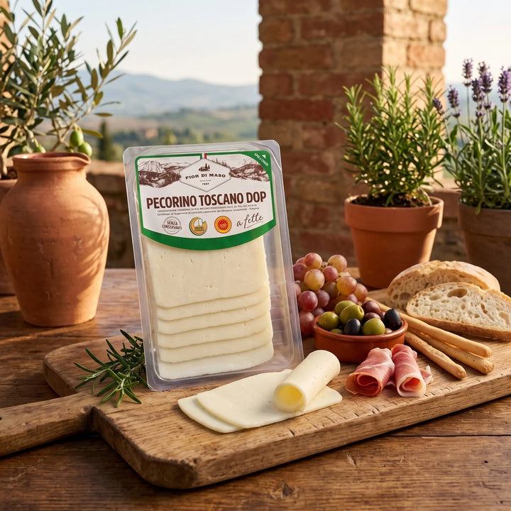 Delikatesi i tako to... Pecorino Toscano DOP cheese slices in plastic packaging on a wooden board with grapes and bread