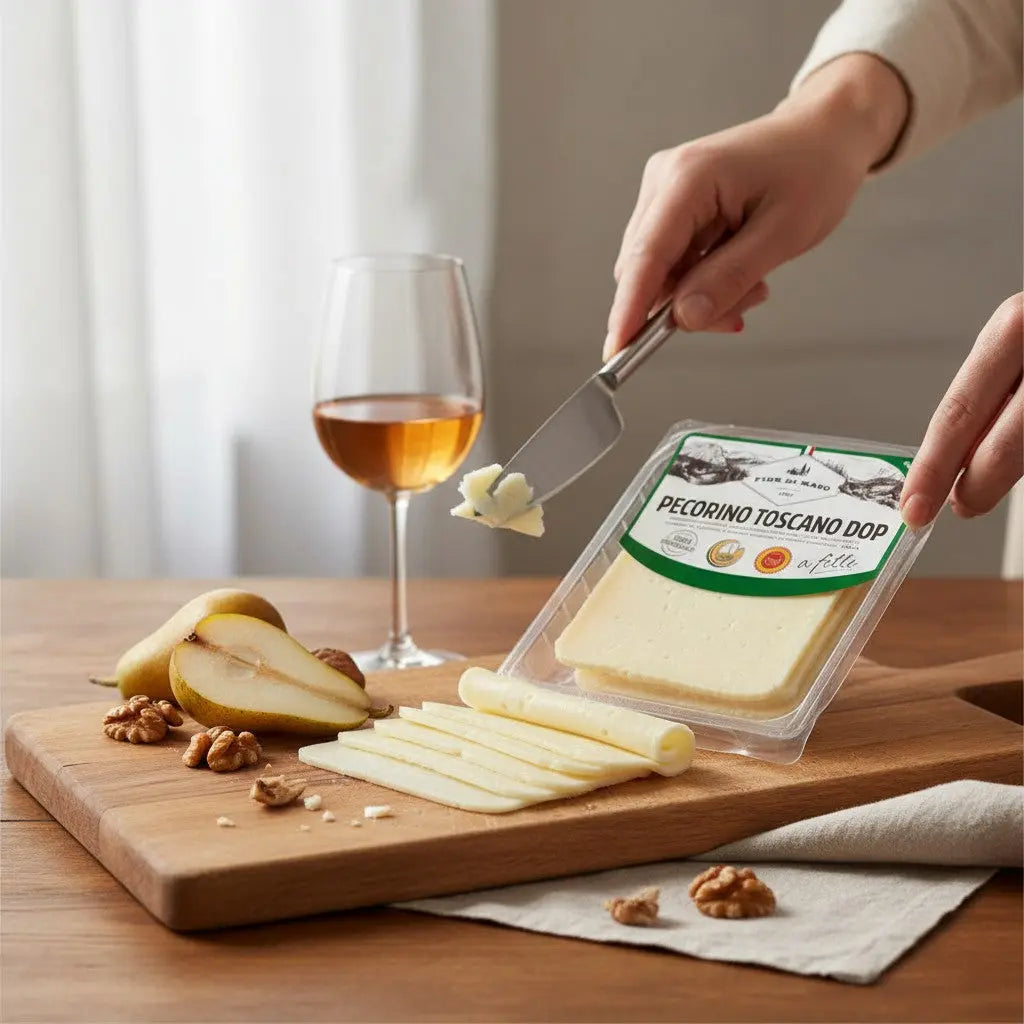 Delikatesi i tako to... Pecorino Toscano DOP cheese slices on a wooden board with pear, walnuts, and wine.