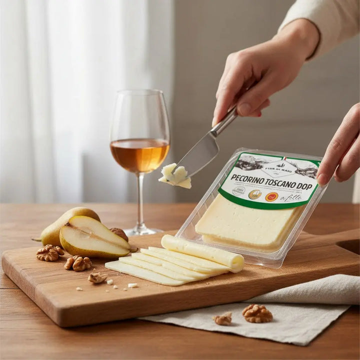 Delikatesi i tako to... Pecorino Toscano DOP cheese slices on a wooden board with pear, walnuts, and wine.