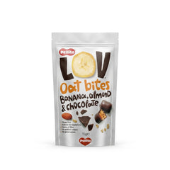 Delikatesi i tako to... Pellito oat bites with banana, almond, and chocolate in a 70g gluten-free snack pouch.